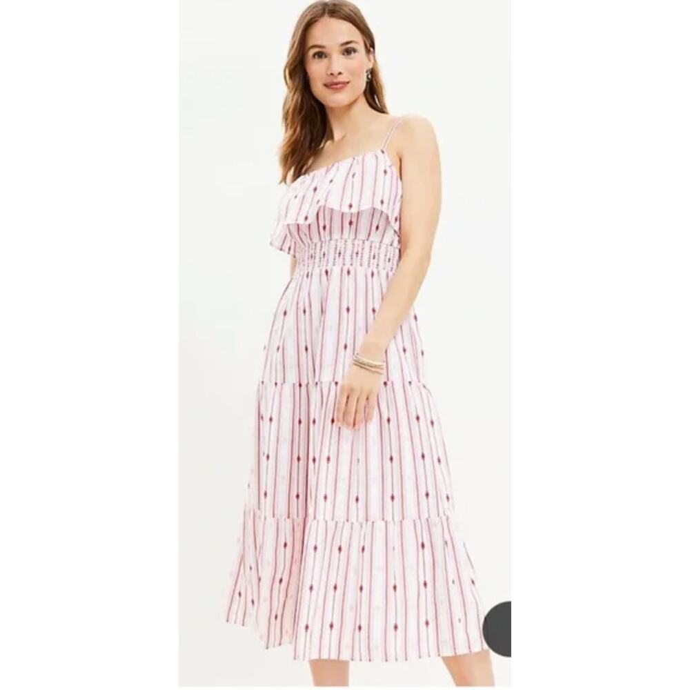 NWT LOFT Striped Ruffle Strappy Tiered Smocked Midi Dress White Red Pink XS - Picture 2 of 15